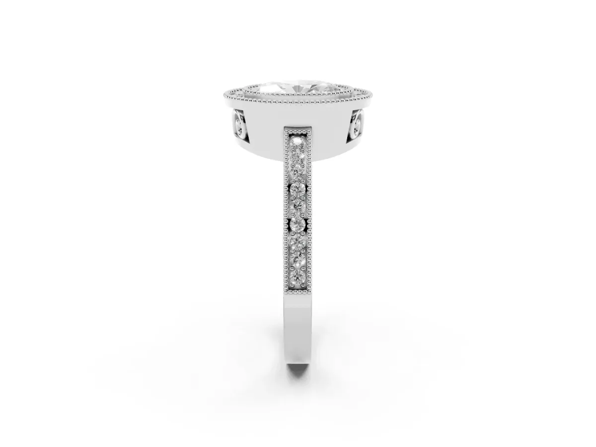 Oval Cut Cut Halo Diamond Ring with Pavé Band and Milgrain Prong Setting Platinum