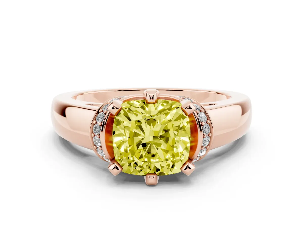 Fancy Yellow Cushion Cut Solitaire Diamond Ring with Pave Band and Six-Prong Setting Rose gold