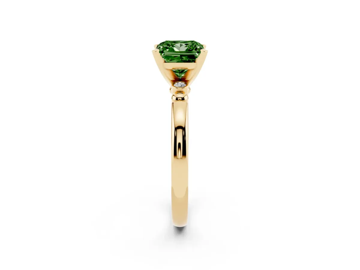 Fancy Green Princess Cut Solitaire Beaded Band with Four-Prong Setting Yellow gold