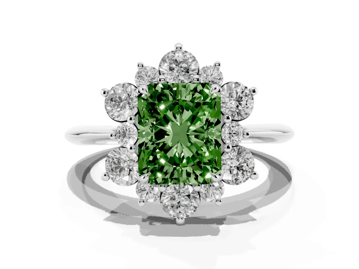 Fancy Green Radiant Cut Diamond Cluster Halo Ring with Solitaire Band and Four-Prong Setting Silver