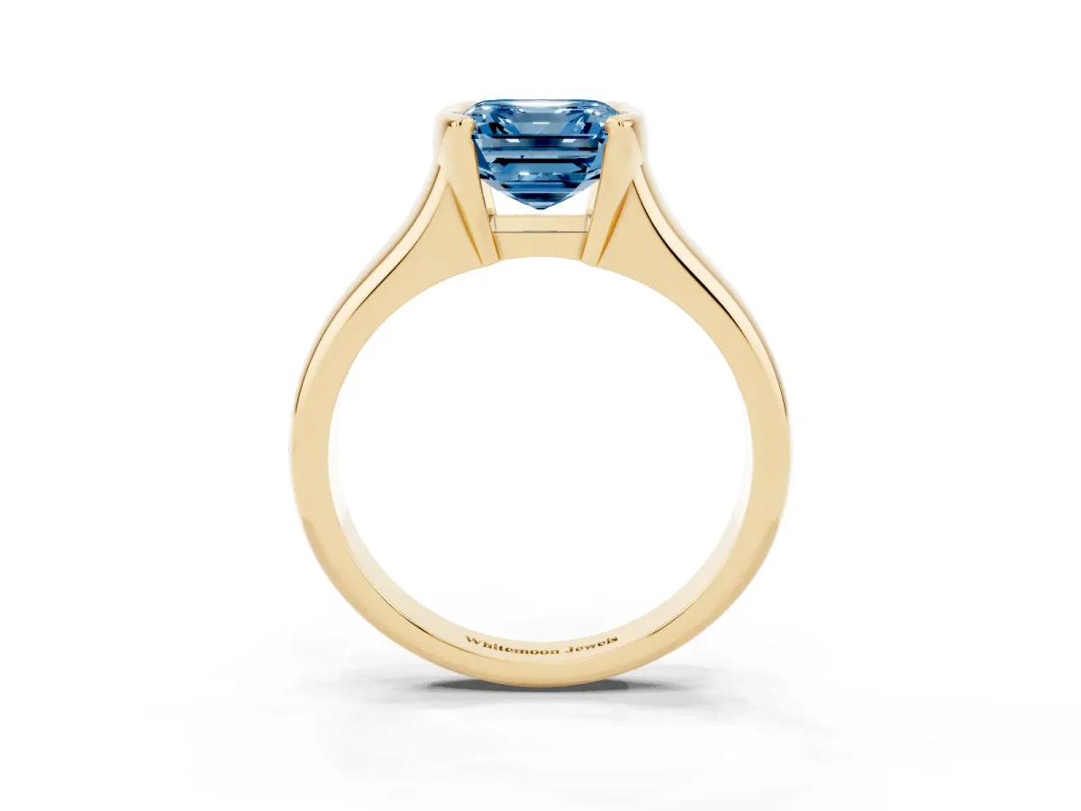 Fancy Blue Asscher Cut Solitaire Tension Set Diamond Ring with Split Shank Band Yellow gold