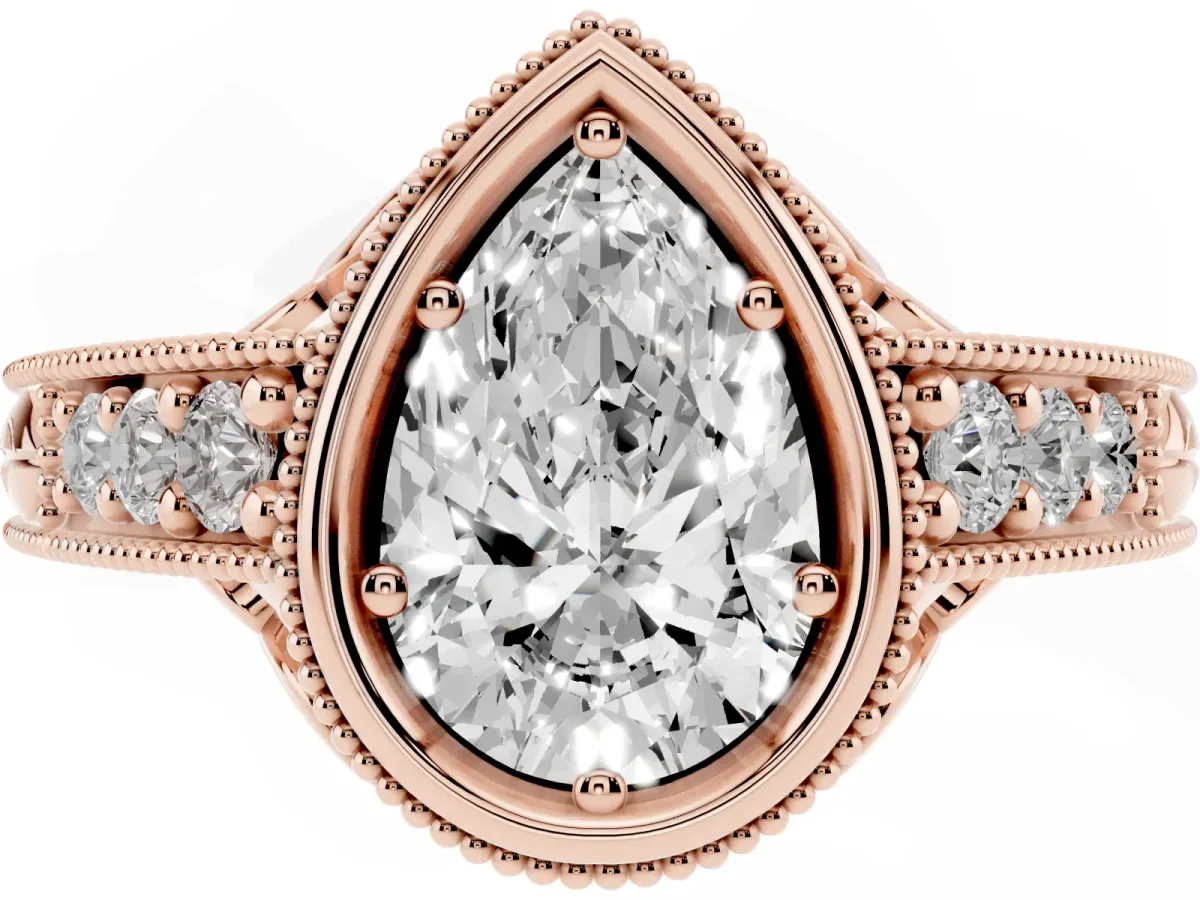 Bezel Set Pear Cut Diamond Milgrain Pave Engagement Ring Rose gold