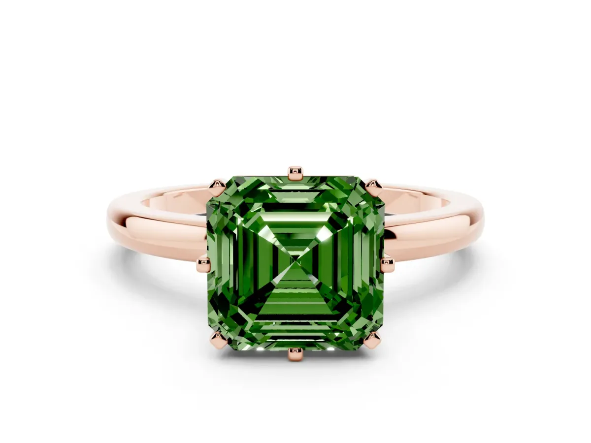 Fancy Green Asscher Cut Solitaire Diamond Ring with Six-Prong Setting on a Classic Band Rose gold