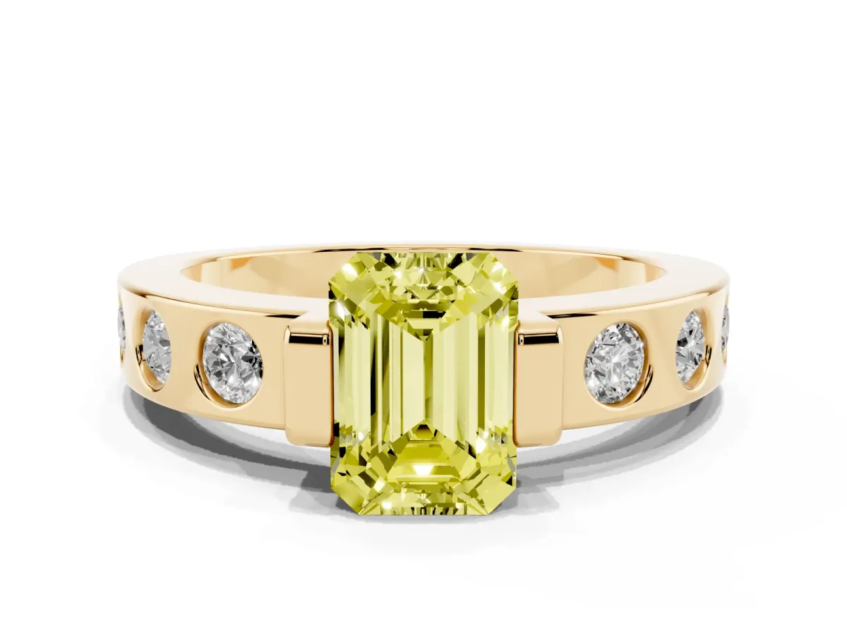 Fancy Yellow Emerald Cut Brilliant Channel-Set Diamond Ring with Bezel Prong Setting Yellow gold