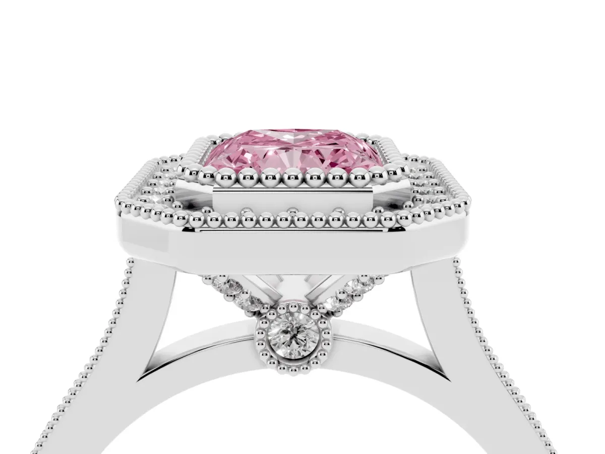 Fancy Pink Radiant Cut Diamond Halo Ring with Milgrain Frame and Pavé Band White gold