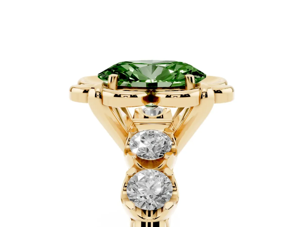 Fancy Green Oval Cut Cut Diamond Floral Halo Engagement Ring with Shared Prong Setting Yellow gold