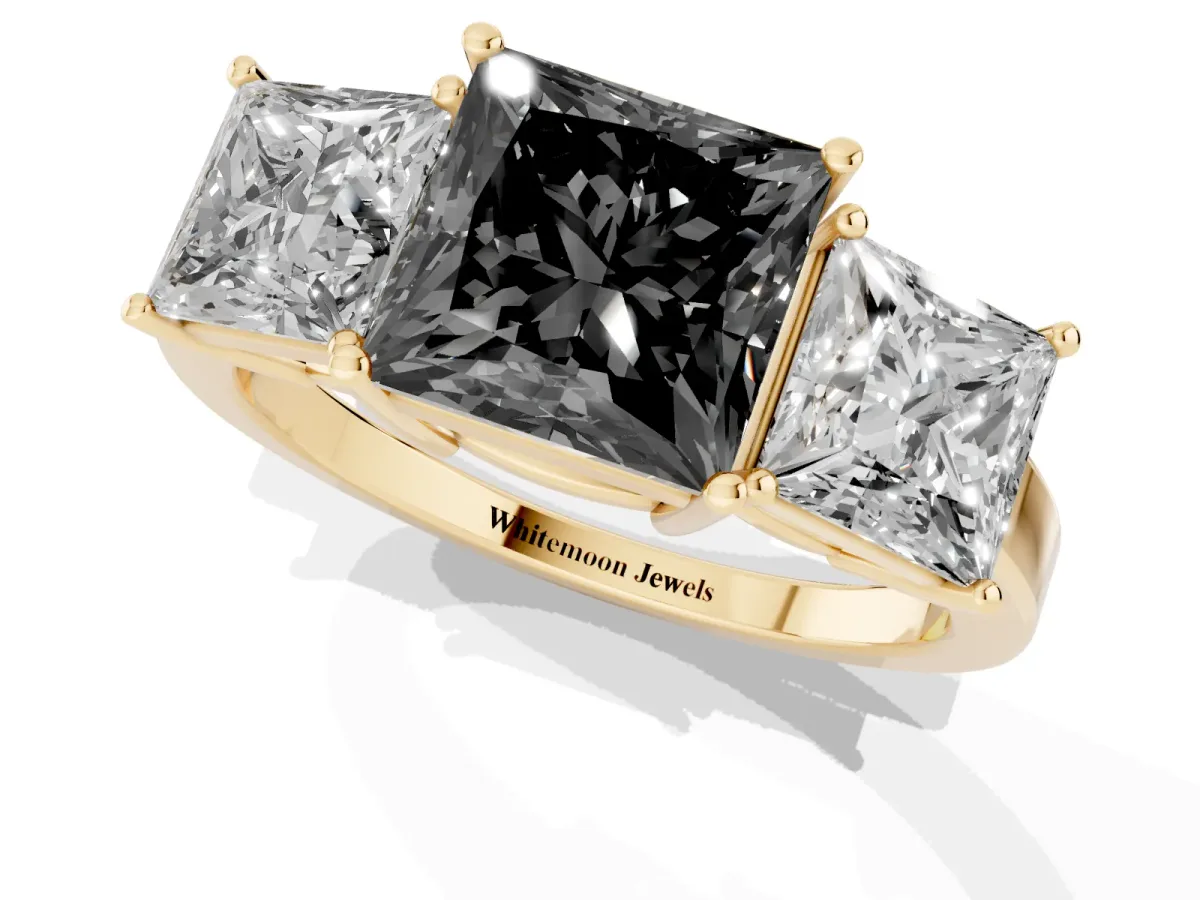 Fancy Black Three-Stone Princess Cut Cut Diamond Engagement Ring with Flat Band and Four-Prong Setting Yellow gold