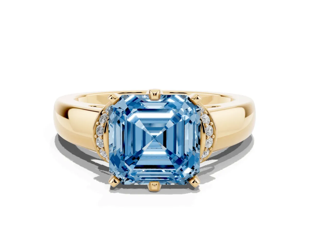 Fancy Blue Asscher Cut Solitaire Diamond Ring with Pave Band and Six-Prong Setting Yellow gold