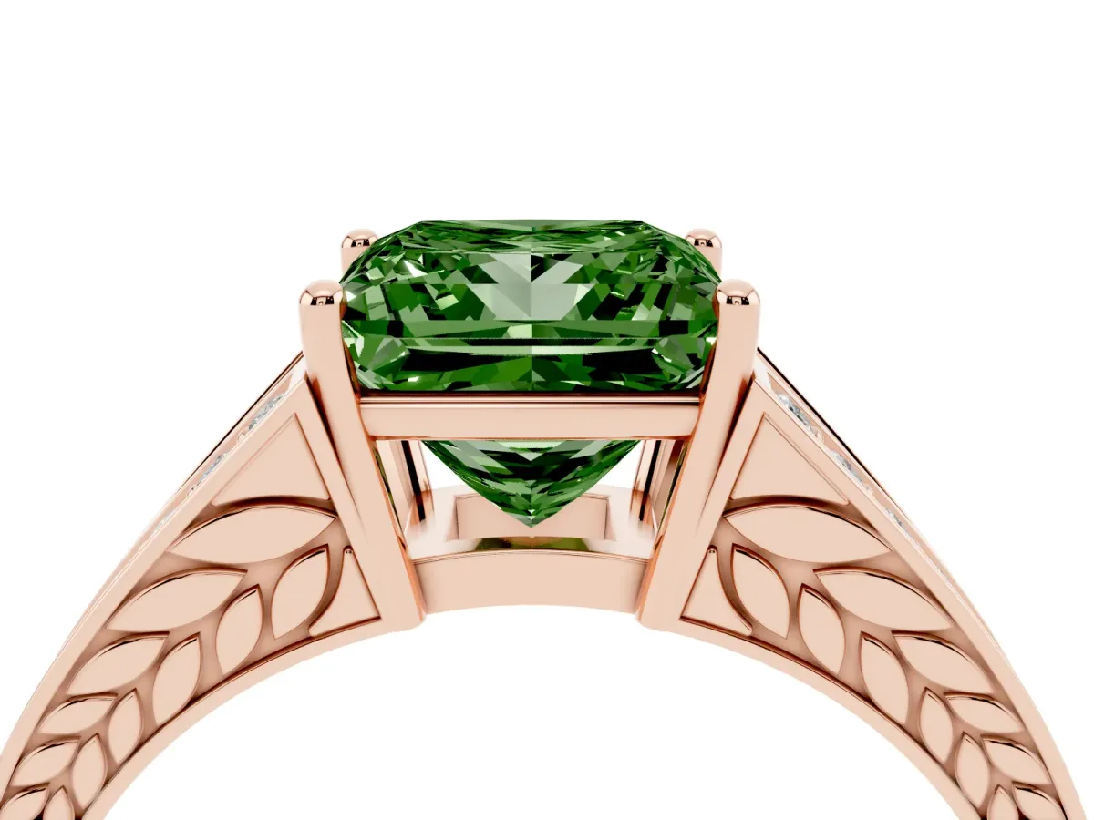 Fancy Green Princess Cut Diamond Split Shank Ring with Pavé Band and Four-Prong Setting Rose gold