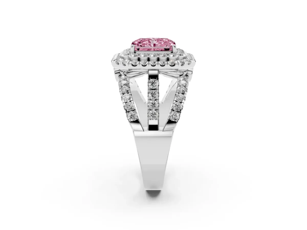Fancy Pink Radiant Cut Diamond Double Halo Ring with Round Pavé Split Shank and Prong Setting Silver