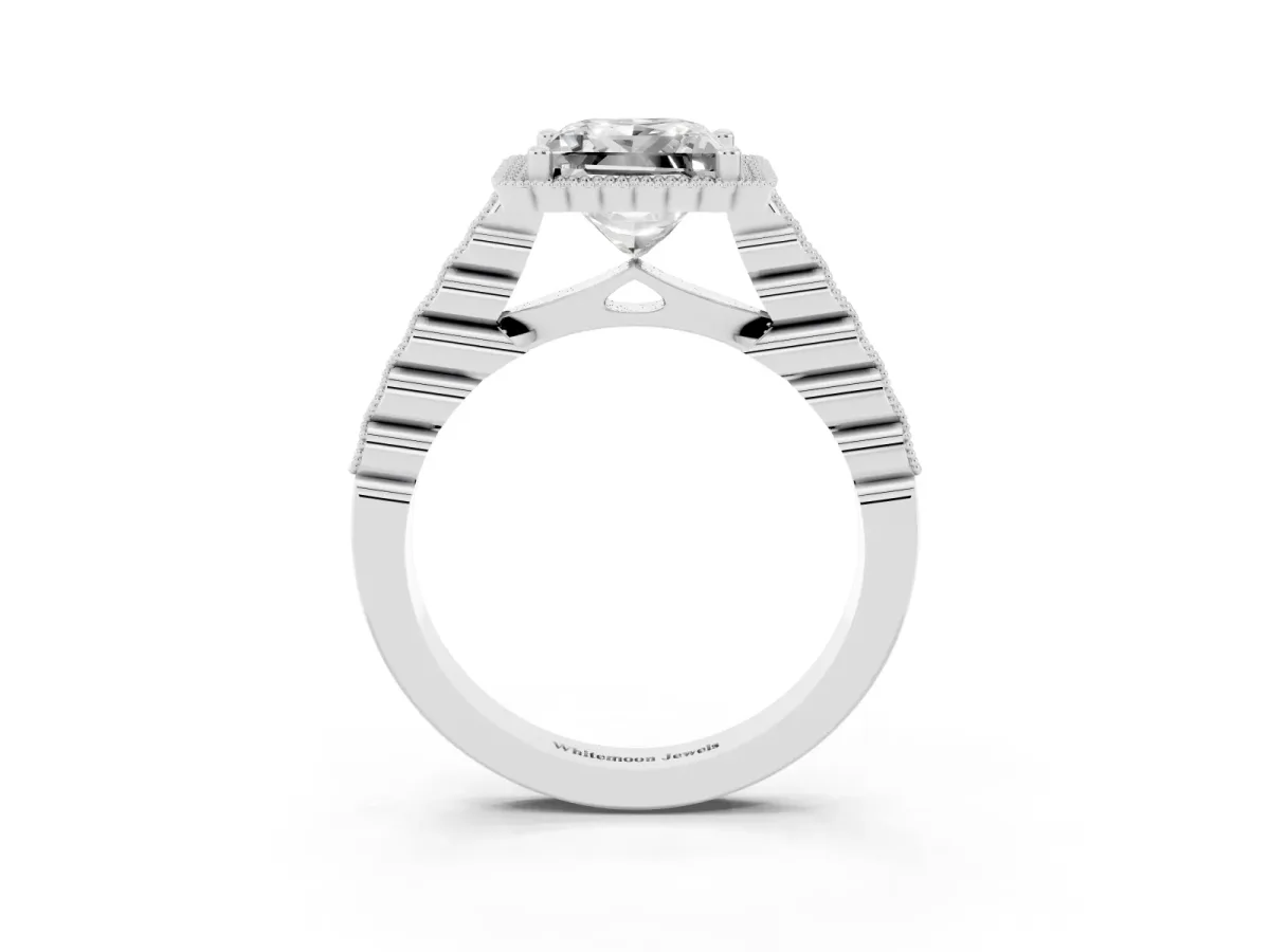 Princess Cut Cut Halo Pavé Solitaire Ring with Milgrain Band Platinum