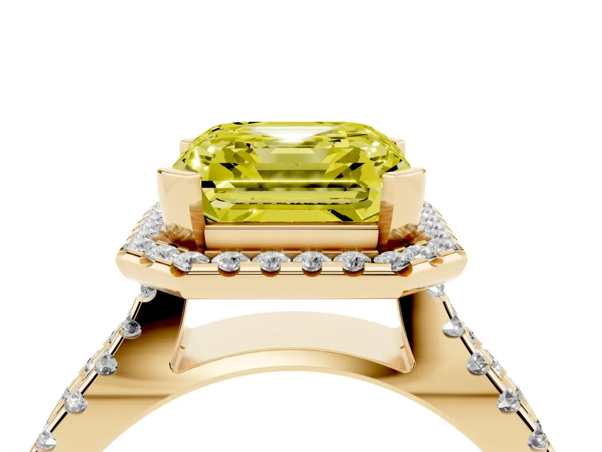 Fancy Yellow Asscher Cut Diamond Halo Ring with Split Shank Pavé Band and Prong Setting Yellow gold