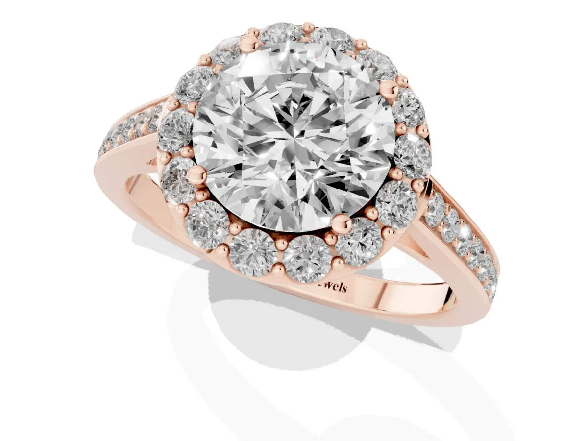 Round Cut Diamond Floral Halo Ring with Pavé Band and Prong Setting Rose gold