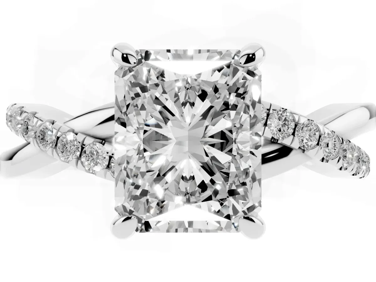 Radiant Cut Cut Diamond Twist Band Solitaire with Prong Setting Platinum