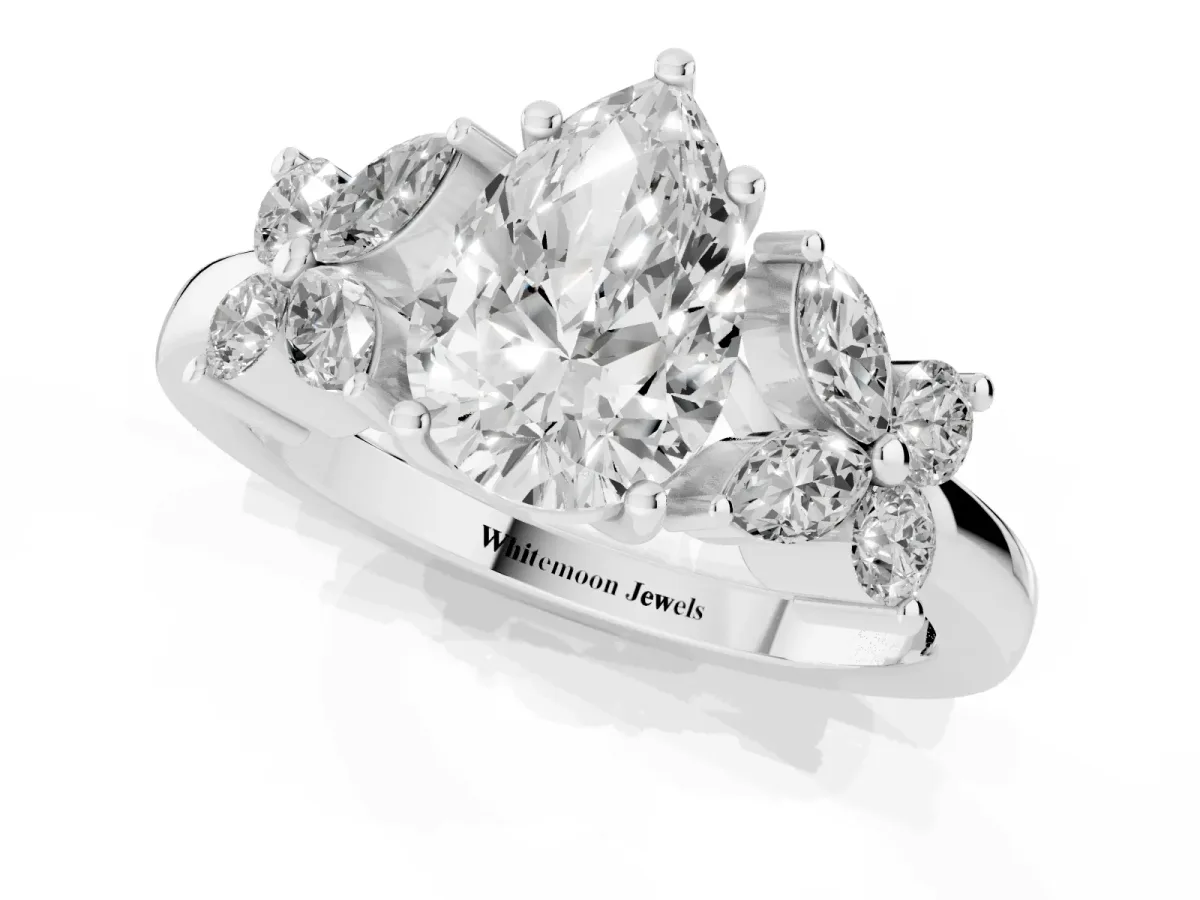 Pear Cut Diamond Floral Cluster Ring with Solitaire Band and Prong Setting Silver