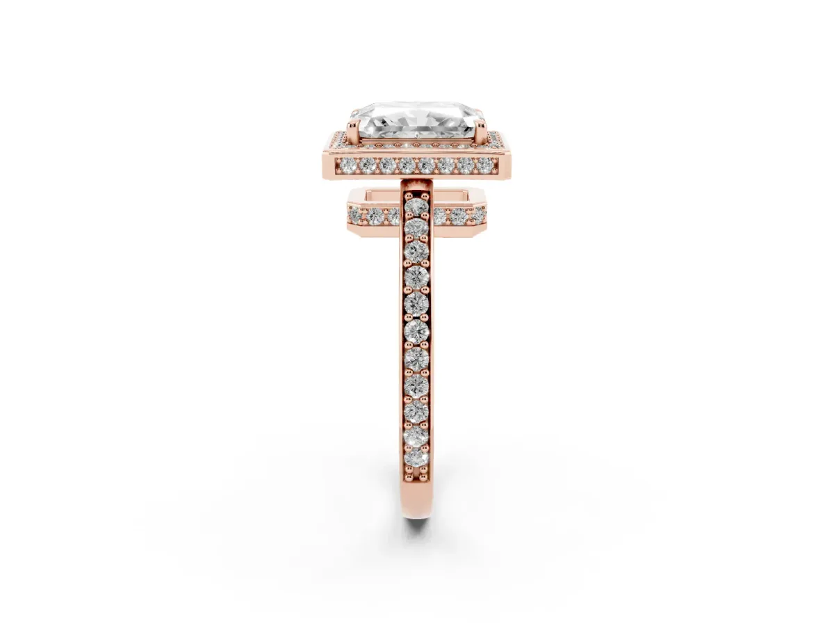 Radiant Cut Halo Pave Band Solitaire Ring with Prong Setting Rose gold