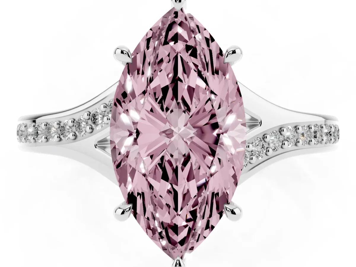 Fancy Pink Marquise Cut Diamond Solitaire Ring with Pavé Band and Prong Setting Silver