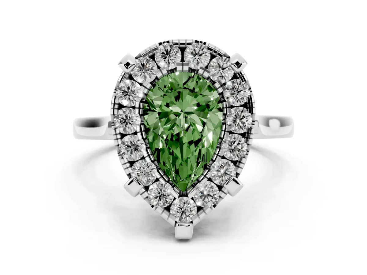 Fancy Green Pear Cut Diamond Cluster Halo Solitaire with Four-Prong Setting Platinum