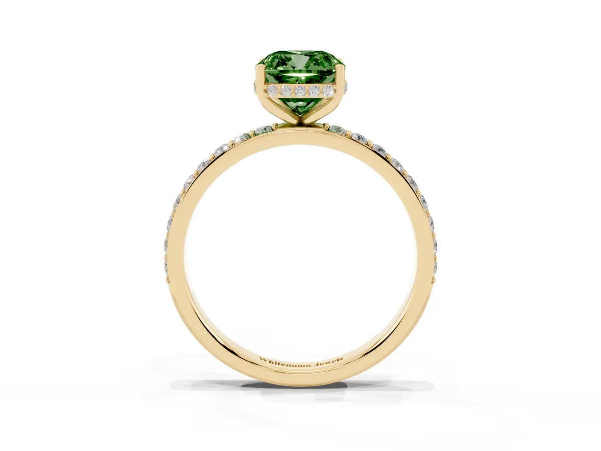 Fancy Green Cushion Cut Diamond Solitaire Ring with Pavé Band and Hidden Halo Yellow gold
