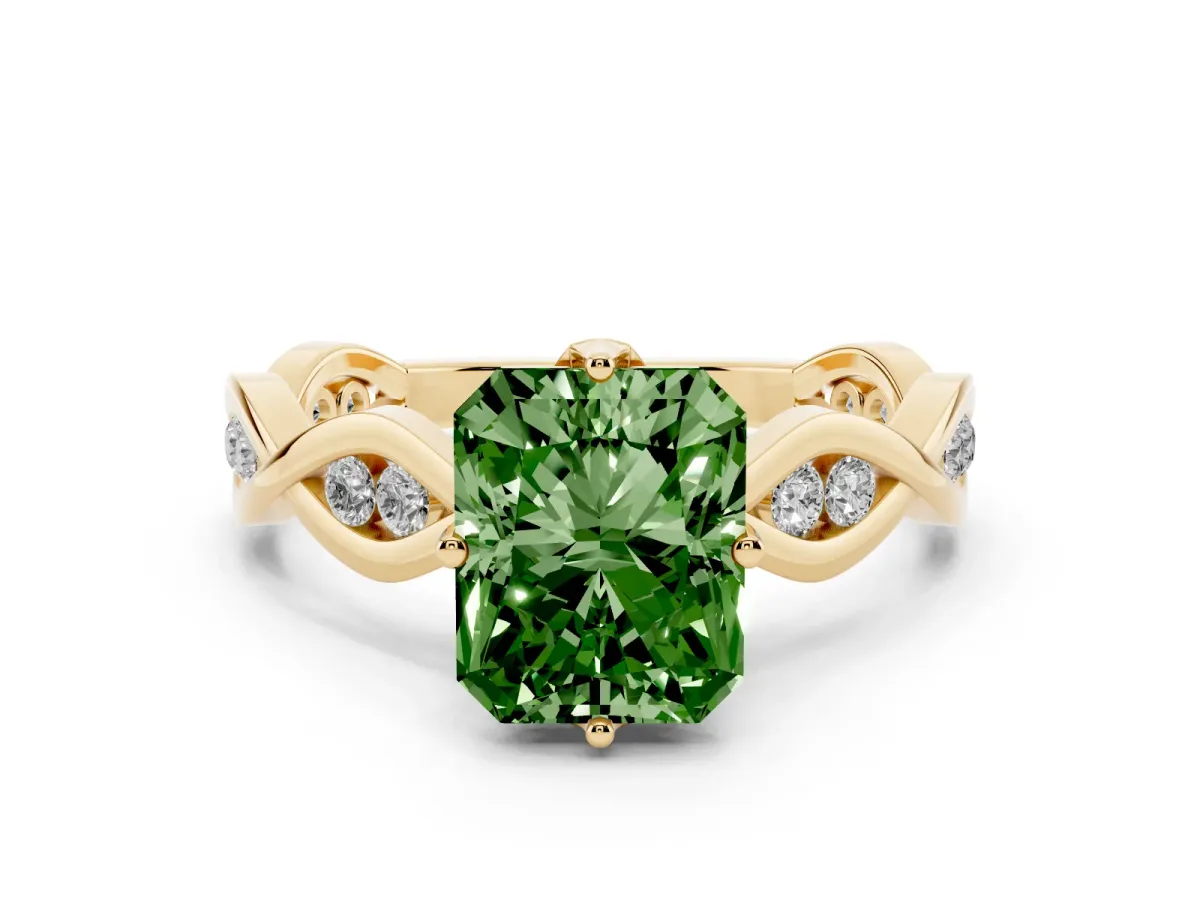 Fancy Green Radiant Cut Solitaire Twist Band with Leaf Prong Setting Yellow gold