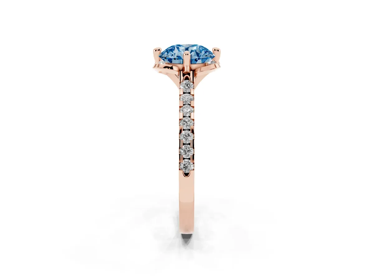 Fancy Blue Round Cut Diamond Ring with Pavé Band and Floral Prong Setting Rose gold