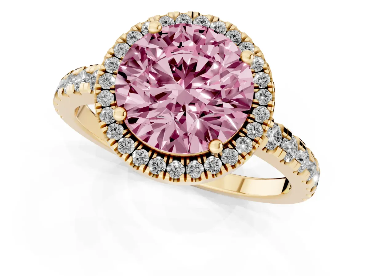 Fancy Pink Round Cut Diamond Halo Ring with Pavé Band and Four-Prong Setting Yellow gold
