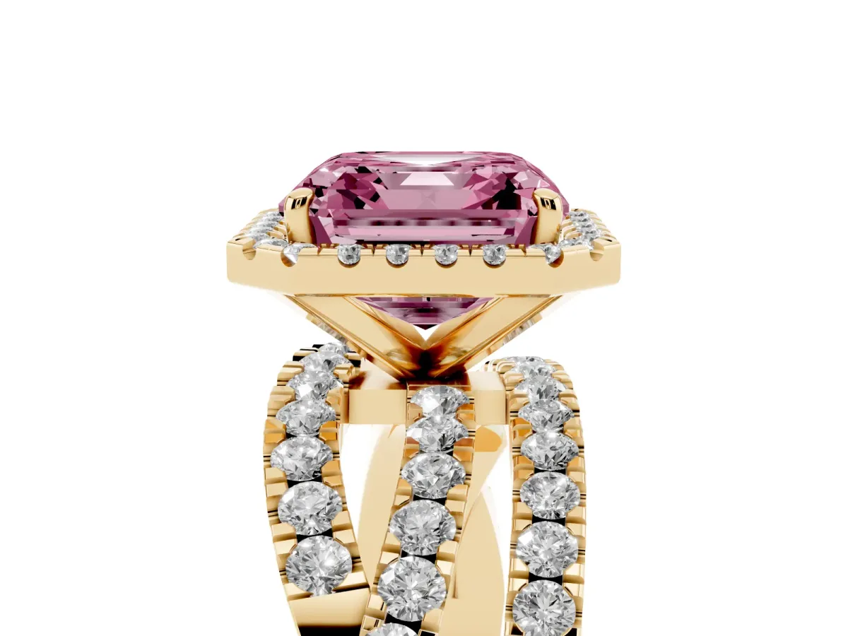 Fancy Pink Asscher Cut Diamond Halo Ring with Round Split Shank and Prong Setting Yellow gold