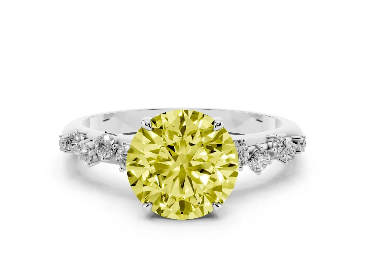 Fancy Yellow Round Cut Diamond Cluster Prong-Set Solitaire Ring Silver