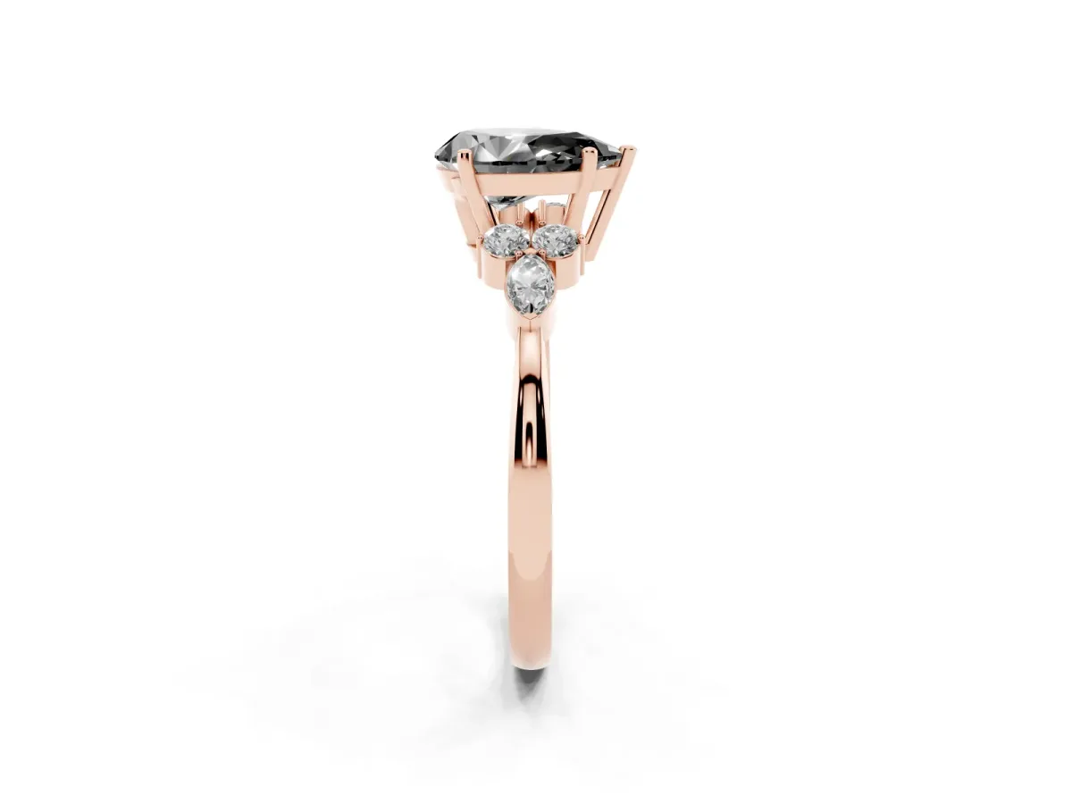 Fancy Black Pear Cut Brilliant Diamond Solitaire Ring with Pear Side Stones and Four-Prong Setting Rose gold