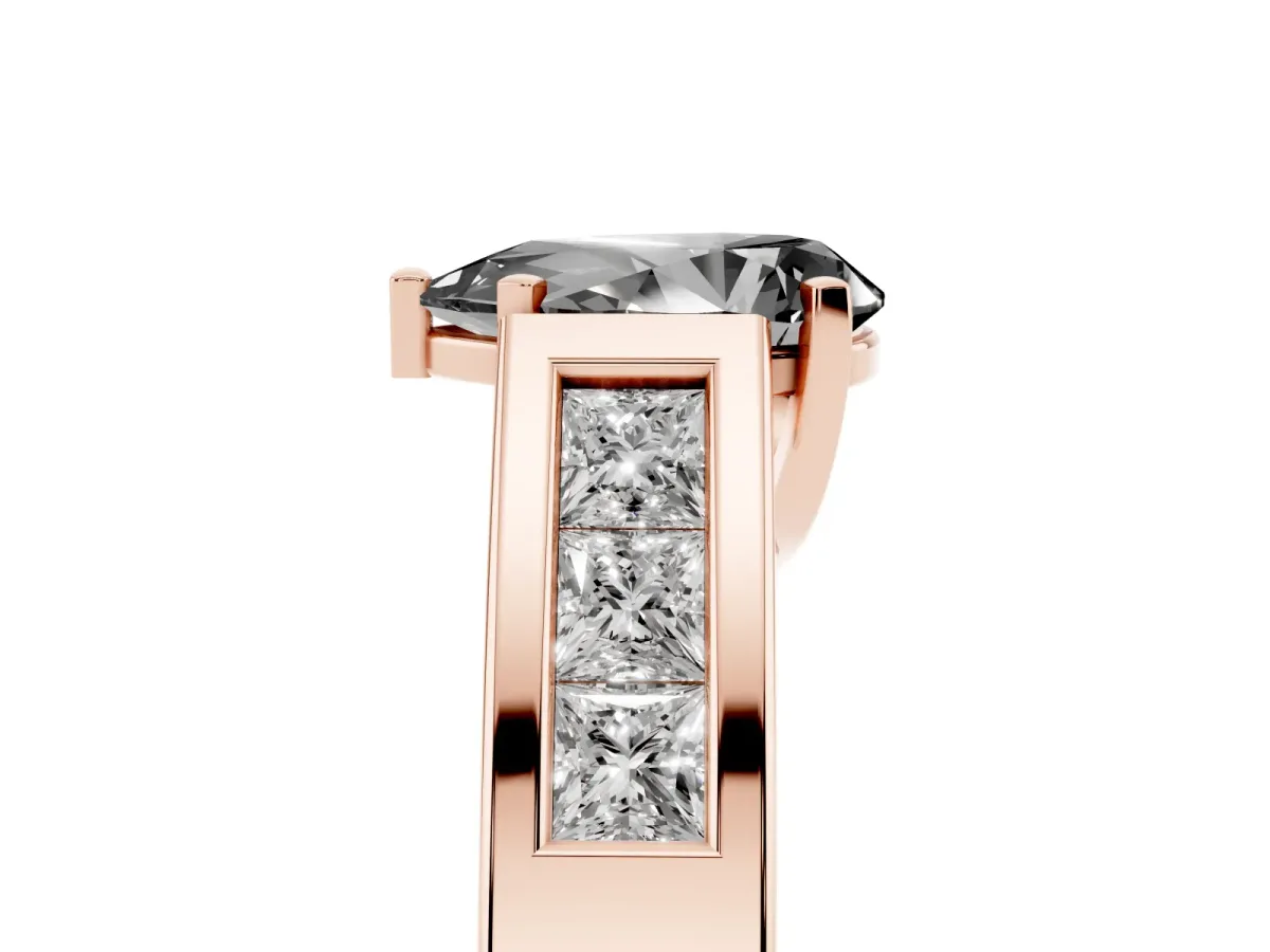 Fancy Black Pear Cut Cut Channel Set Solitaire Ring with Four-Prong Setting Rose gold
