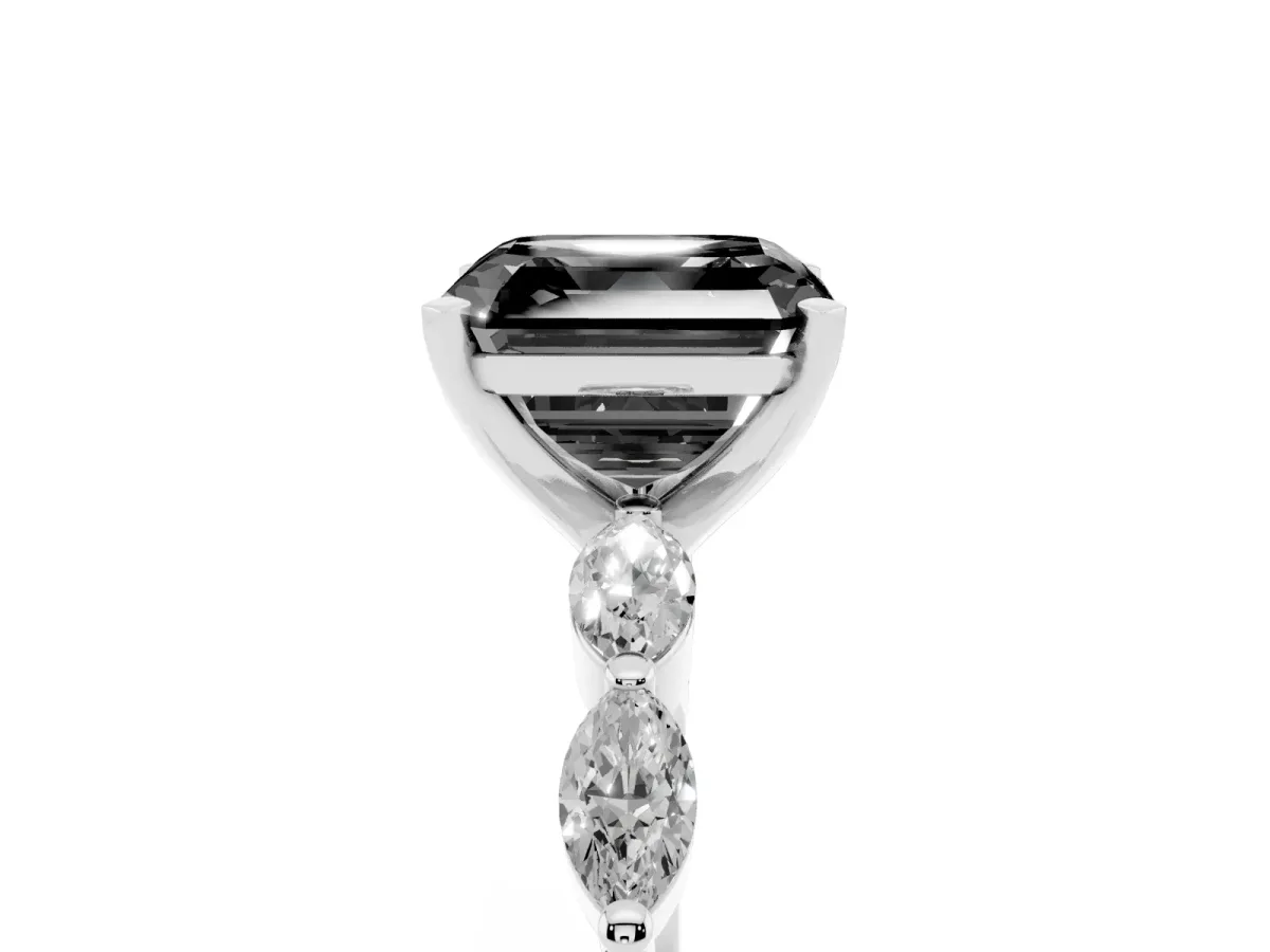 Fancy Black Asscher Cut Diamond Ring with Marquise Side Stones and Prong Setting Platinum