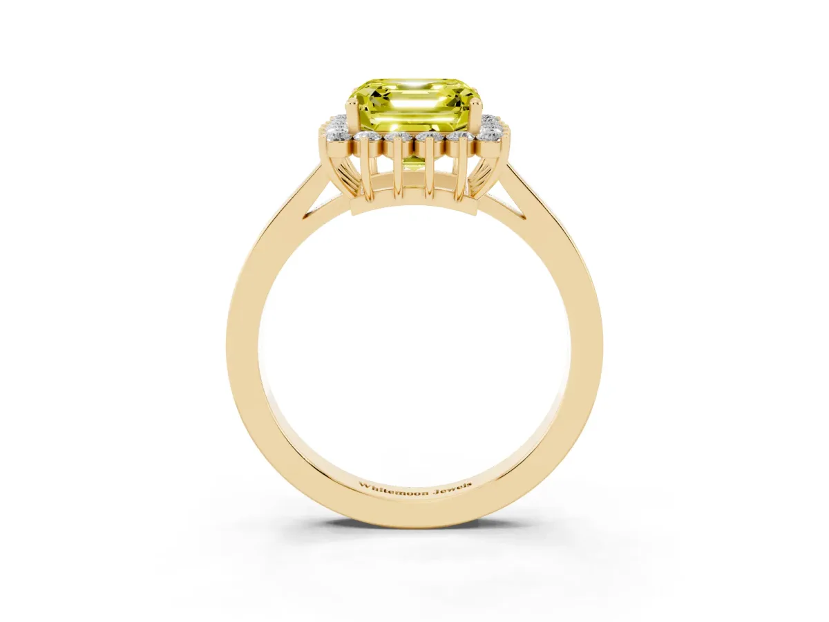 Fancy Yellow Asscher Cut Cut Diamond Halo Ring with Round Brilliant Halo and Solitaire Band Yellow gold