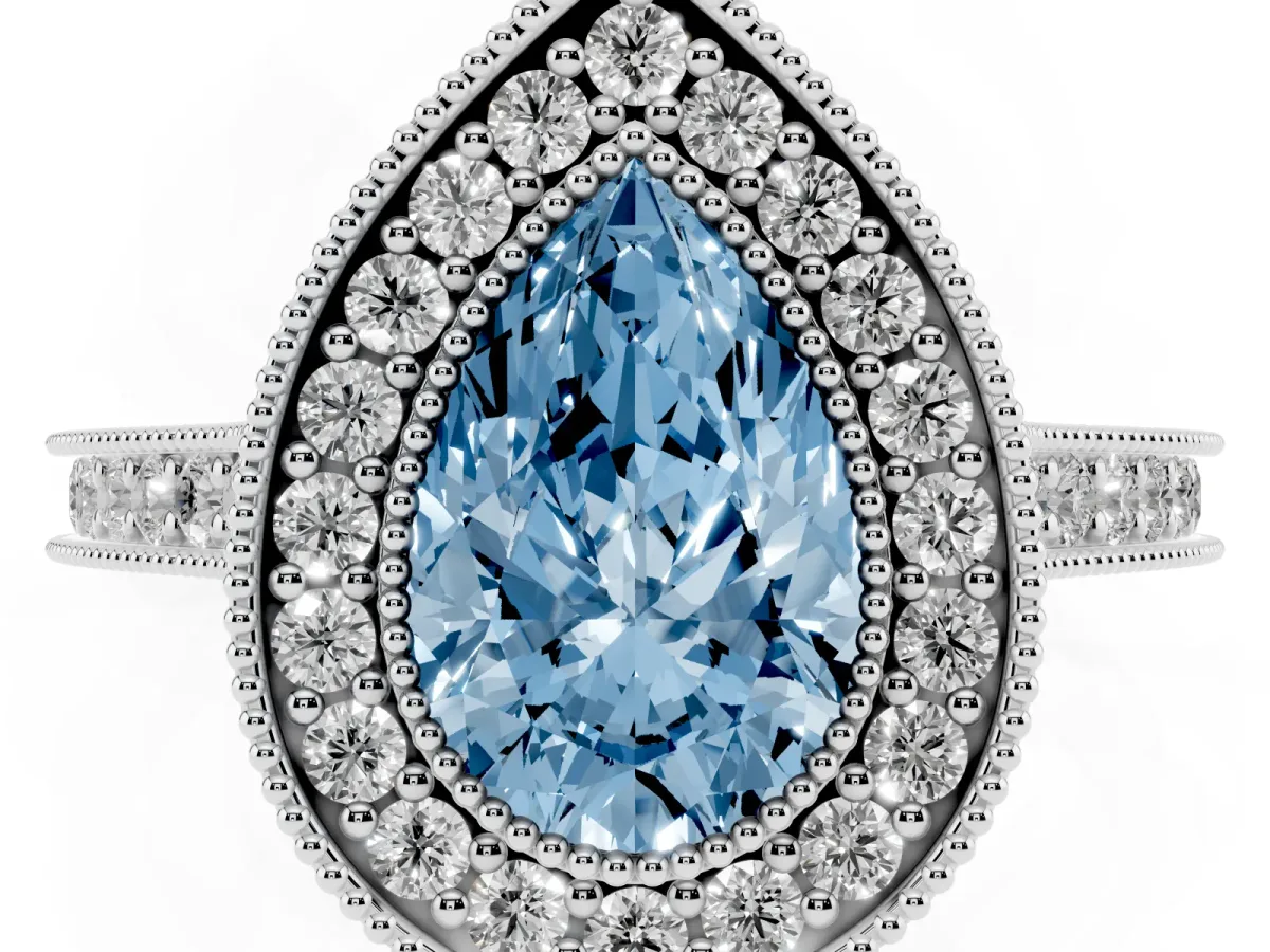 Fancy Blue Halo Pear Cut-Cut Diamond Pave Band Milgrain Prong Setting Ring Silver