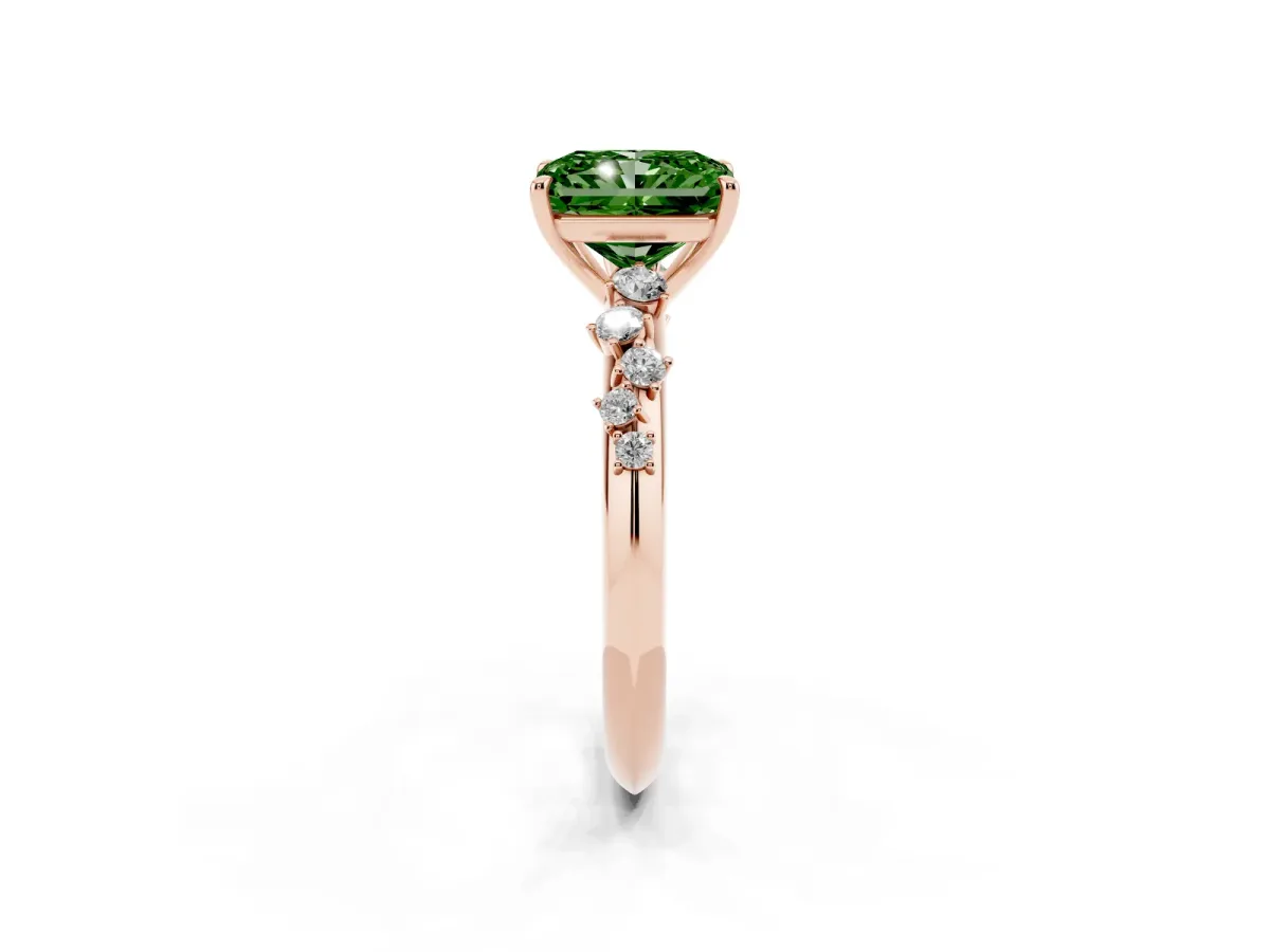 Fancy Green Radiant Cut Diamond Cluster Side Stone Solitaire Ring with Prong Setting Rose gold