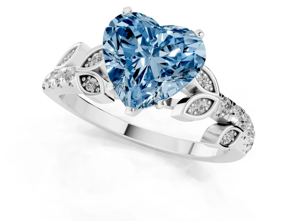 Fancy Blue Heart Cut Solitaire Leaf-Inspired Diamond Ring with Pavé Band and Four-Prong Setting Silver