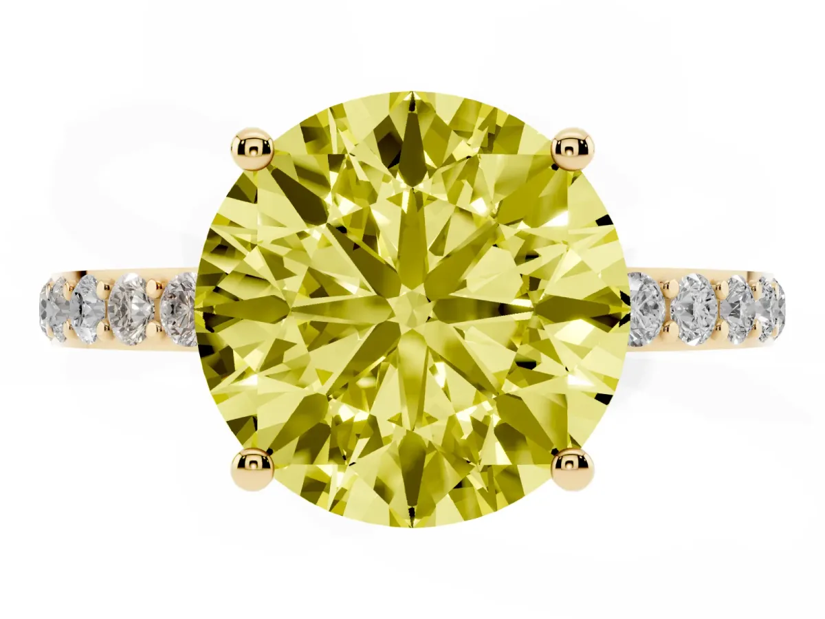 Fancy Yellow Round Cut Diamond Solitaire Ring with Round Pavé Shoulders and Prong Setting Yellow gold