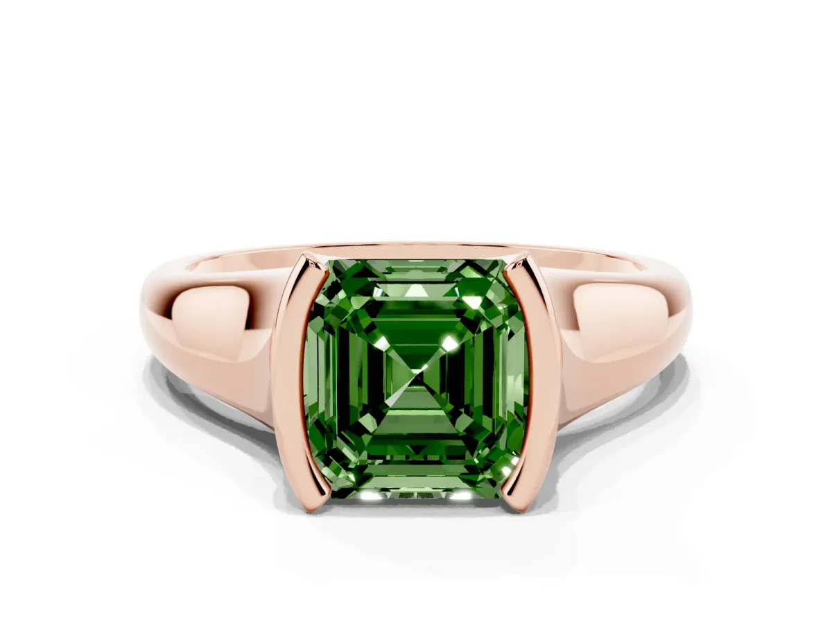 Fancy Green Asscher Cut Solitaire Tension Set Diamond Ring with Split Shank Band Rose gold