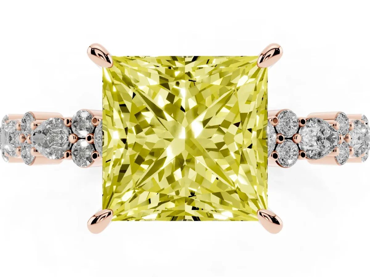 Fancy Yellow Princess Cut Diamond Side Stone Solitaire Ring with Round and Four-Prong Setting Rose gold
