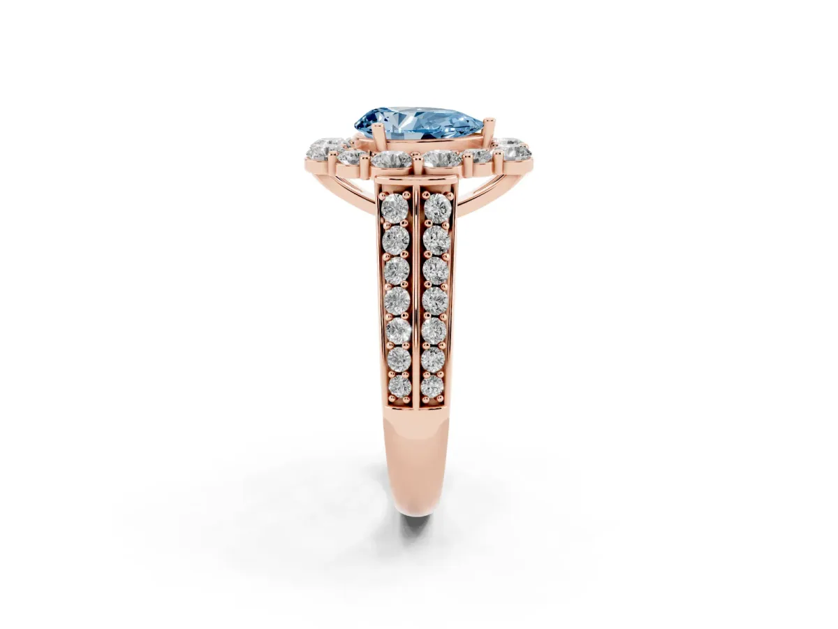 Fancy Blue Pear Cut Halo Diamond Engagement Ring with Split Shank and Prong Setting Rose gold