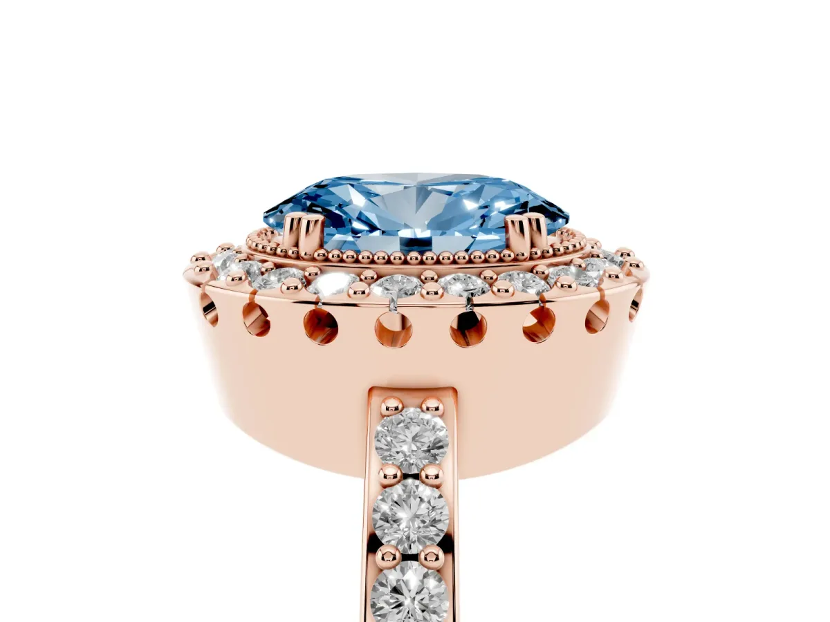 Fancy Blue Oval Cut Diamond Halo Ring with Pavé Band and Prong Setting Rose gold