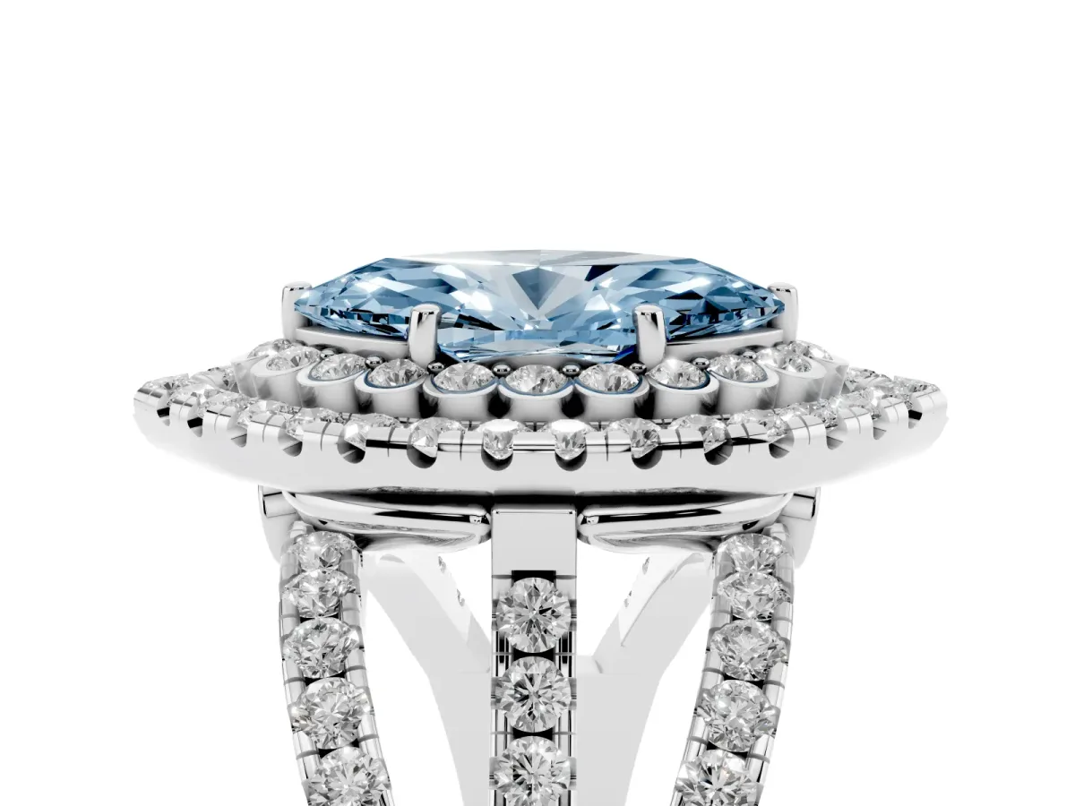 Fancy Blue Marquise Cut Diamond Double Halo Ring with Round Pavé Split Shank and Prong Setting Silver