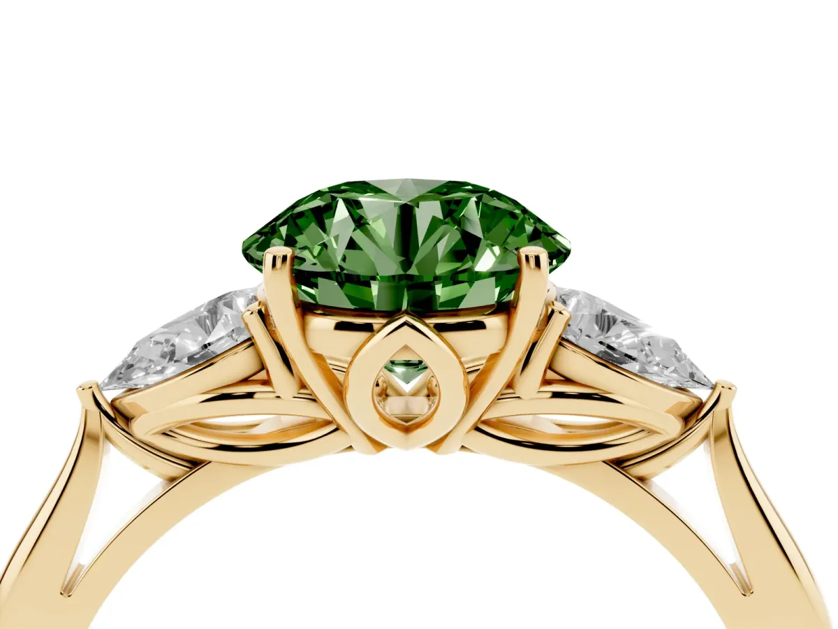Fancy Green Round Cut Diamond Three-Stone Ring with Pear Side Stones and Prong Setting Yellow gold