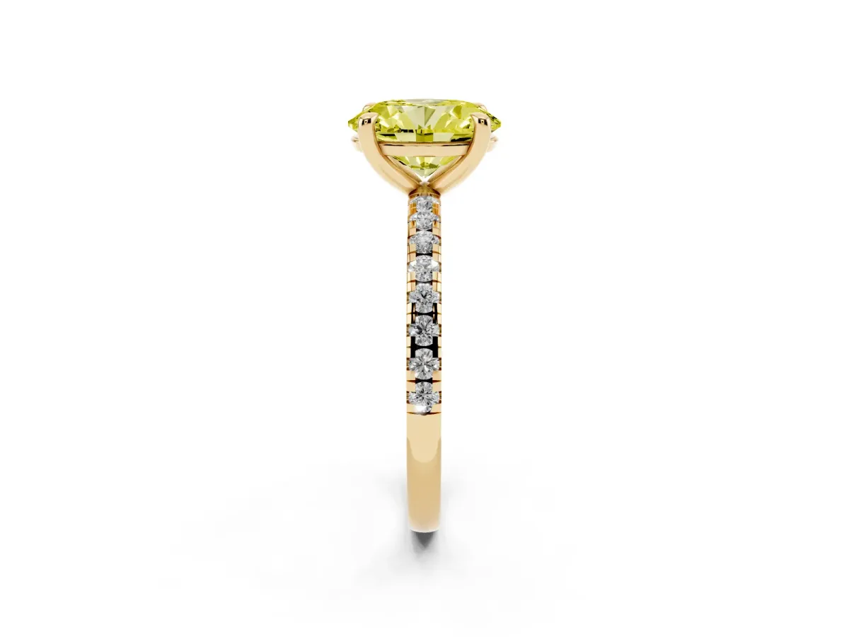 Fancy Yellow Oval Cut Diamond Brilliant Solitaire Ring with Pavé Band and Four-Prong Setting Yellow gold