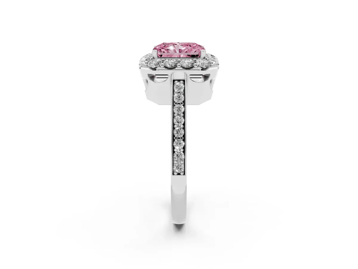 Fancy Pink Radiant Cut Diamond Floral Halo Ring with Pavé Band and Prong Setting Platinum