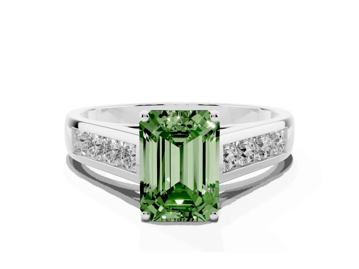 Fancy Green Emerald Cut Brilliant Channel-Set Solitaire Ring with Four-Prong Setting White gold