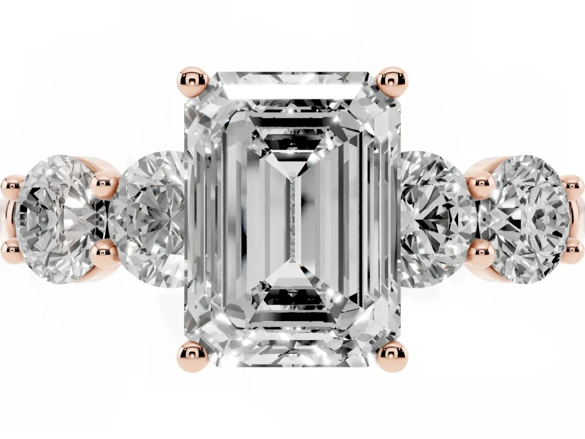Emerald Cut Cut Five-Stone Prong Set Diamond Ring with Classic Band Rose gold