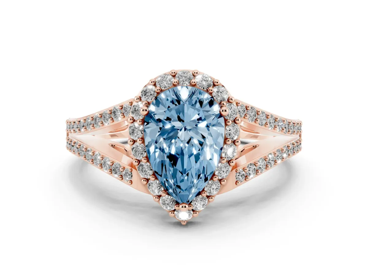 Fancy Blue Pear Cut Halo Split Shank Diamond Ring with Prong Setting Rose gold