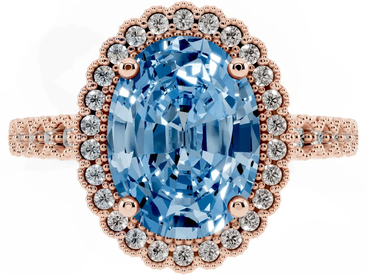 Fancy Blue Oval Cut Cut Halo Pavé Solitaire Ring with Milgrain Band Rose gold