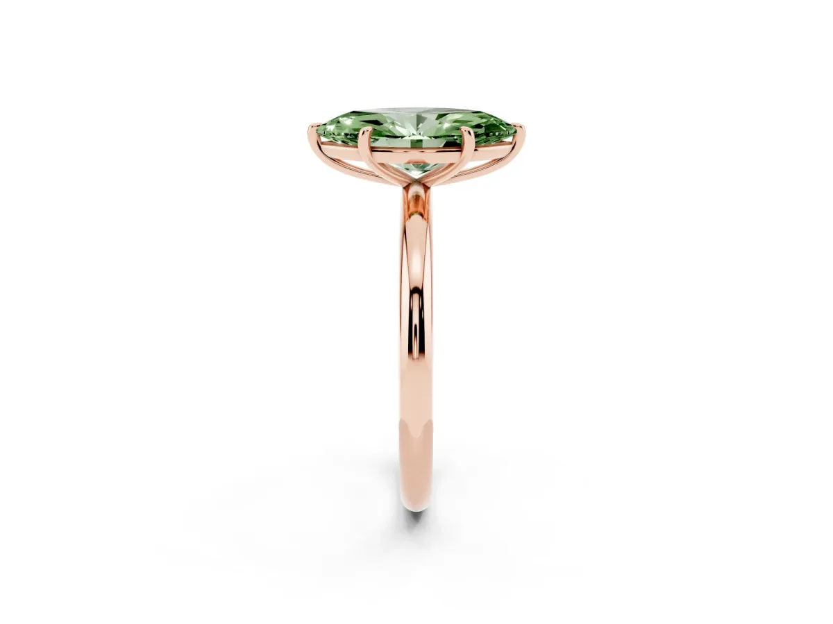 Fancy Green Marquise Cut Solitaire Diamond Ring with Four-Prong Setting on a Plain Band Rose gold