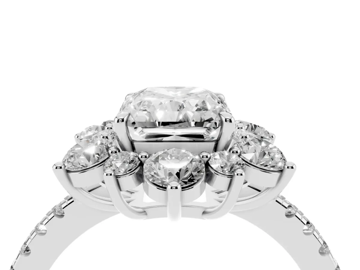 Radiant Cut Diamond Floral Halo Ring with Round Pavé Band and Prong Setting White gold